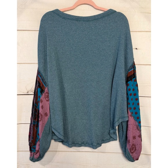 Free People We The Free Teal Waffle Knit Patchwork Balloon Sleeve Thermal Top L - Picture 5 of 5